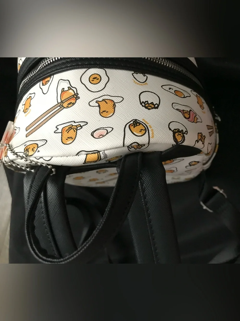 Loungefly White Gudetama Pattern Mini Backpack with Black Trim NWOT